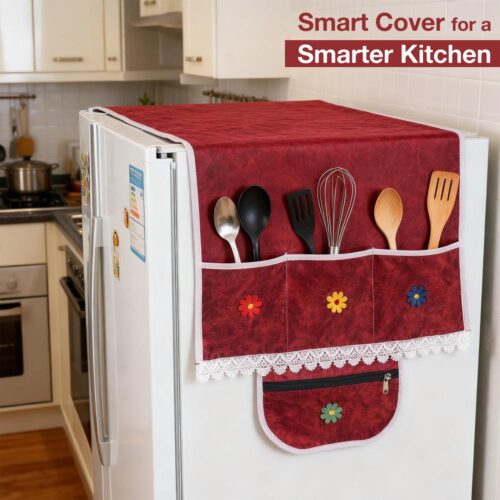 BlueRed Premium Double Door Refrigerator Top Cover with Side Pockets | Red Color - Image 1