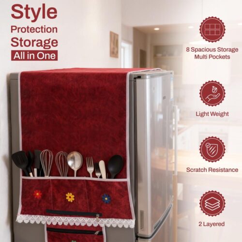 BlueRed Premium Double Door Refrigerator Top Cover with Side Pockets | Red Color - Image 6
